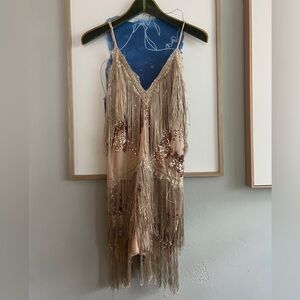 1920's tan Fringe Sequin Dress fits like a EXTRA SMALL